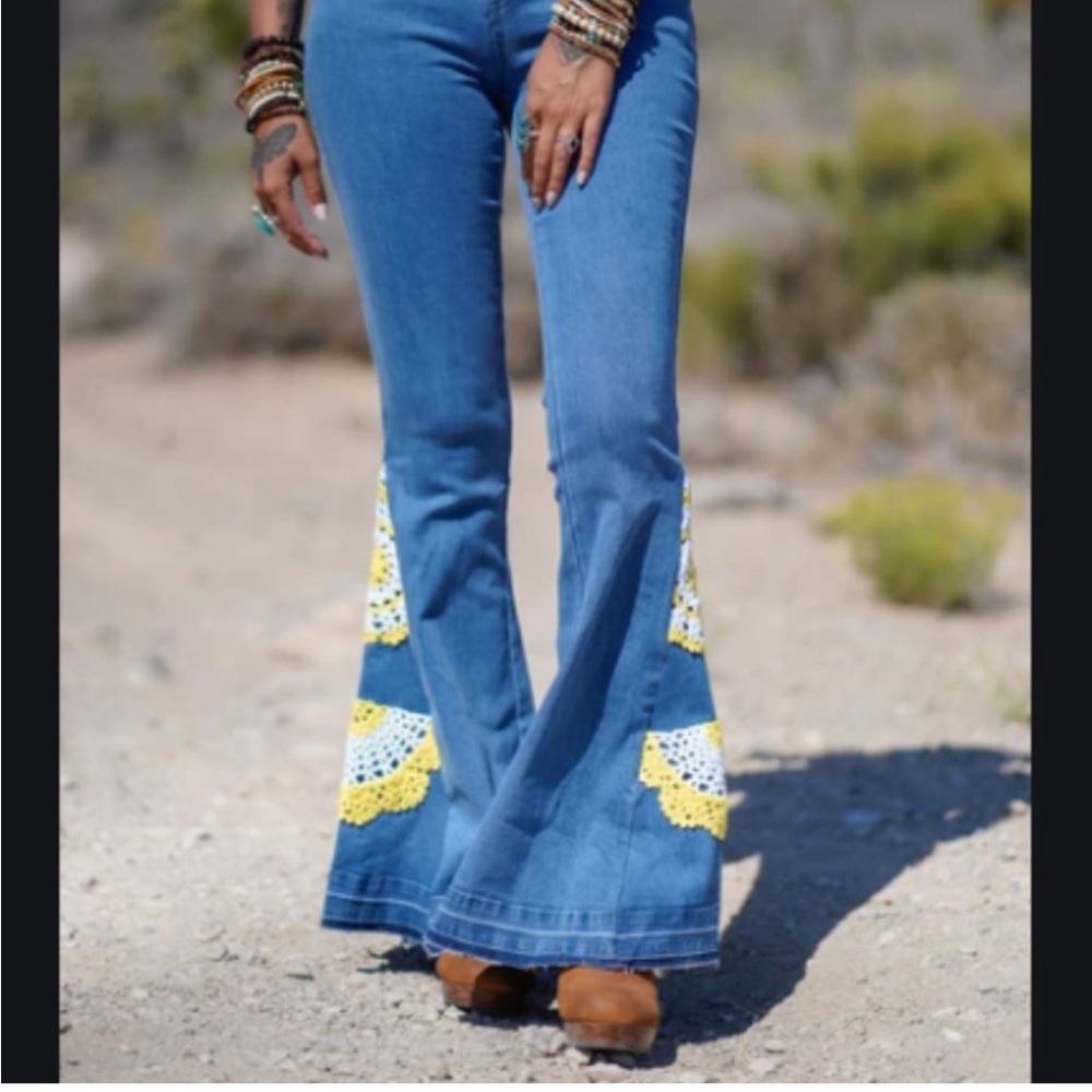 Three Bird Nest Bell Bottom Crochet Grandma Square Flare Jeans
